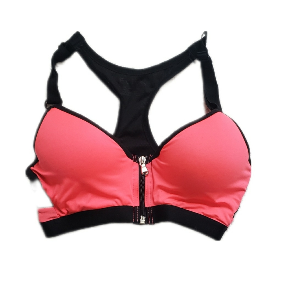 Women's Pink and Black Sports Bra - Padded Cup Racer Back & Zip Front *